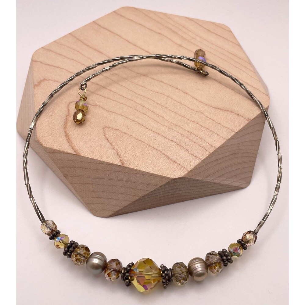 Artisan Silver Tone Bar Link Crystal Beads Potato Pearls Choker Necklace